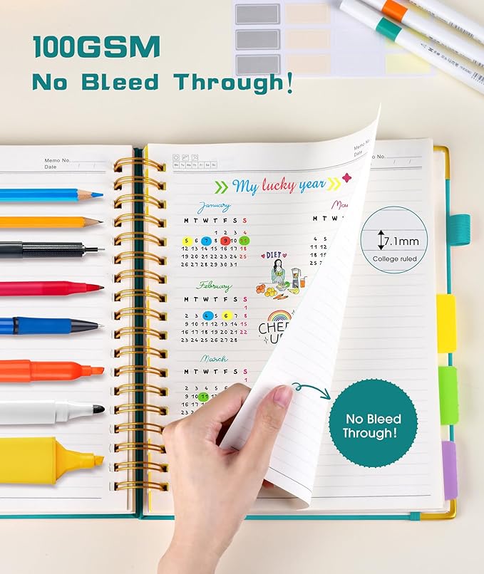 HHardcover Spiral Notebook 8.5"x11" Journal with Removable Dividers Tabs, 300 Pages Leather 5 Subject Notebook College Ruled, Large A4 Notebooks for Work School, Lined Journal for Women, A4 Blue