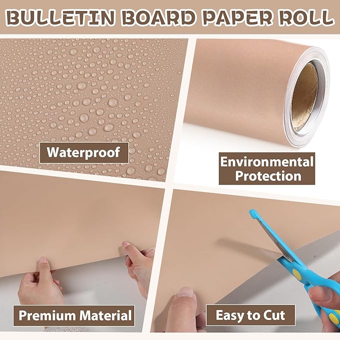 Qyeahkj 17.7in x 20ft Bulletin Board Paper Roll Bulletin Board Background Paper Fade Resistant Classroom Decoration Poster Art Craft Home Wall Education Decor Supplies Sandy Beige