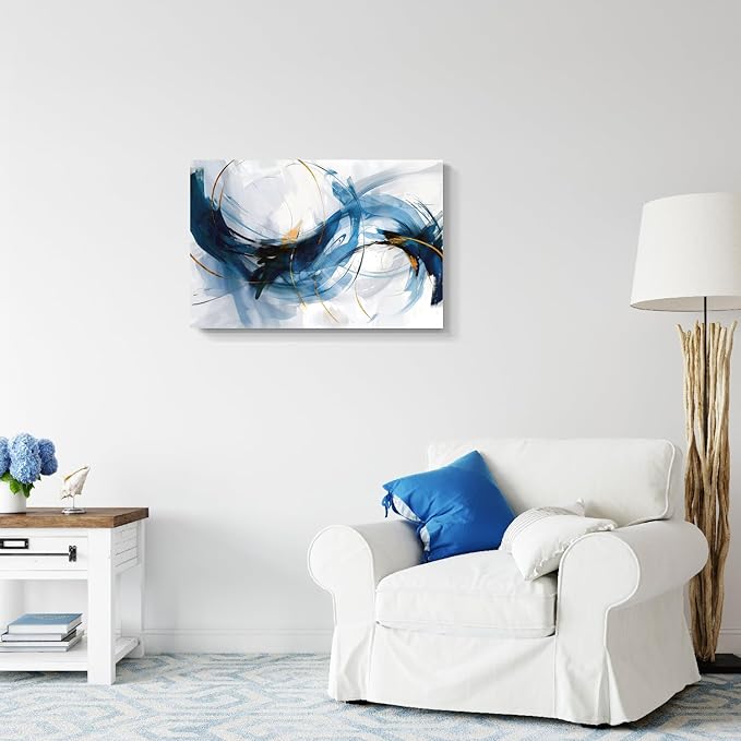 gaosoul Modern Abstract Canvas Wall Art Vibrant Blue Gold Lines Doodled on White Background Paintings Stylish Framed Minimalism Artwork Prints for Living Room Bedroom Office Decor 30x20in