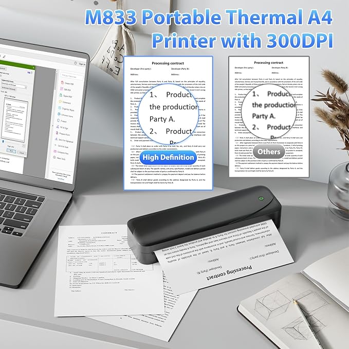Phomemo Portable Printer, M833 Upgrade Portable Inkless Wireless Printers for Travel, Bluetooth Label Printer Support 8.5'' x 11'' US Letter & A4 Thermal Paper, Suitable for Home Office Business