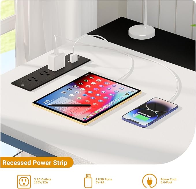 55 Inch Computer Desks with Power Outlets and USB Charging Ports, Modern Office Desk for Small Spaces, Sturdy Laptop PC Gaming Writing Table for Students, White and Black