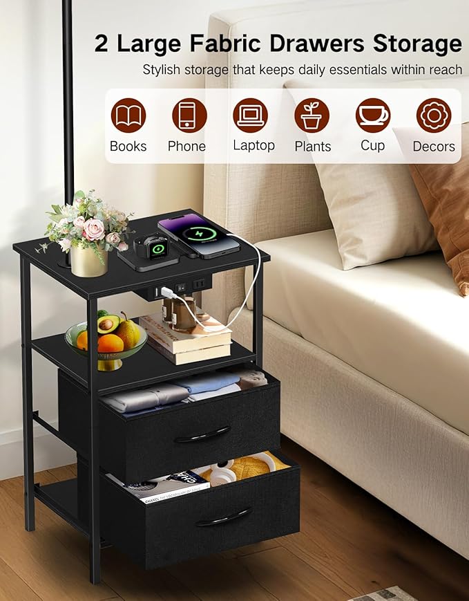 Floor Lamp with Table, 2 Drawers & Rattan, Side End Table with Charging Station, Dimmable Nightstand with 3 Color Temperature, 1-Hour Timer, 12W LED Bulb, for Living Room, Bedroom(Black)