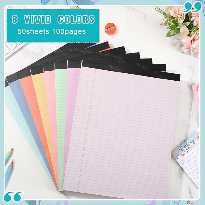 Fuutreo 8 Pcs 8.5'' x 11'' Colored Legal Pad 50 Sheets Per Writing Pads Narrow Ruled Notepad Perforated Writing Notepad Office Supplies for College Office Business (Candy Color)