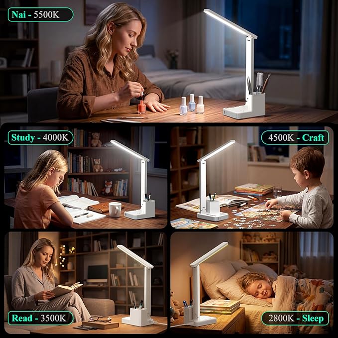 COZOO LED Desk Lamp with 2 USB Charging Ports,Type C Port,1 AC Outlet,2 Pen Holders,3 Color Temperature 3 Brightness Level,Touch/Memory/Timer,10W Eye Protection Foldable Reading Light,Study Lamp-White