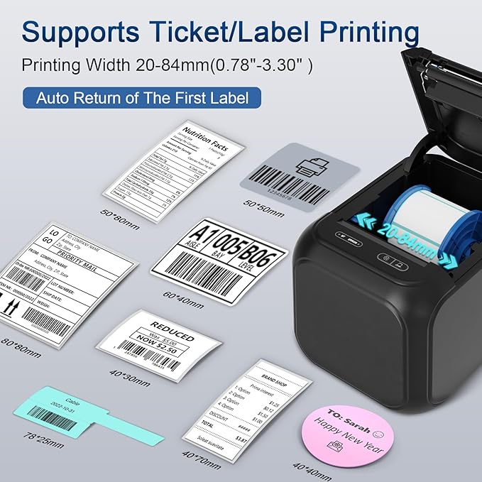 CLABEL Desk Bluetooth Barcode Label Printer: Label Maker with Direct Thermal Printing, 2-3 Inch Print Width for Barcodes Address Warehouse with 1 Roll 40x30mm Label (3 Inch Soot)