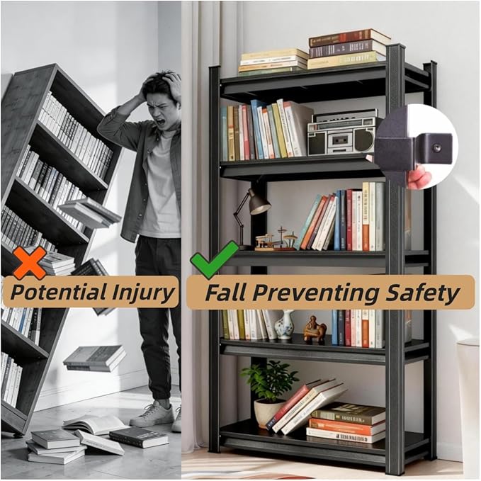 Bookshelf, 5 Tier Metal Wide Bookcase, Heavy Duty Adjustable Industrial Shelf for Living Room, Bedroom and Library, Black, 71.18" H x 35.43" W x 15.75" D