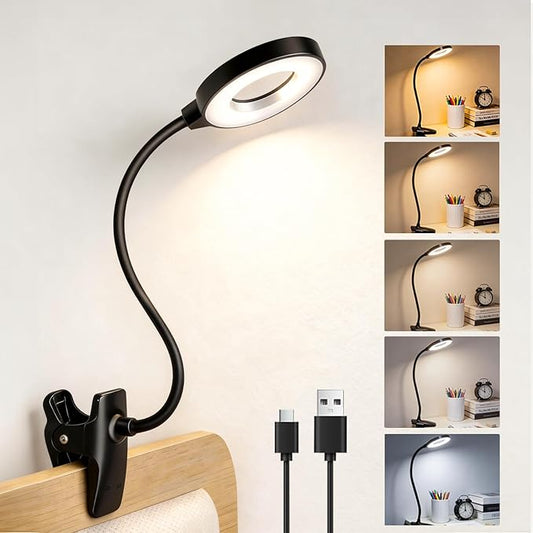 Clip on Reading Light for Bed Headboard, Rechargeable Battery with Large Clamp, 5 Colors & 5 Brightness Flexible Neck Desk Lamp, Eye Protection LED Touch Control Book Light for Kids, Bunk Bed, (Black)