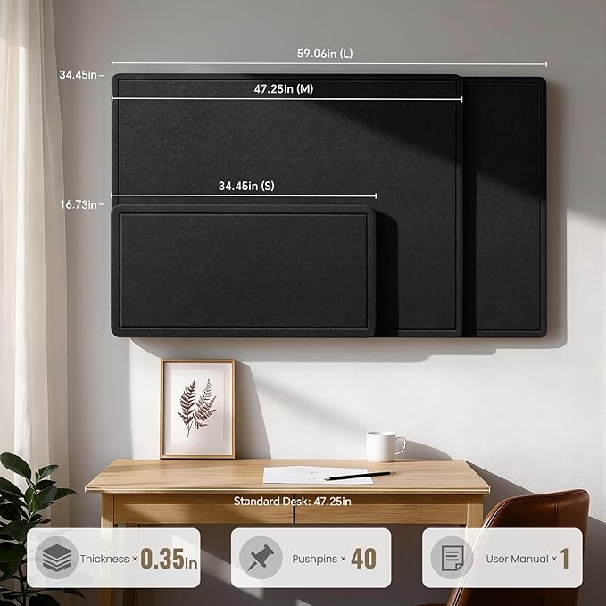 Large Bulletin Board, 35 X 17 Inches Felt Cork Board with 40 Pushpins, Foldable Felt Notice Pin Board Photo Display Board with Self-Adhesive Tape for Office Home School (Black, 35x17 inch)