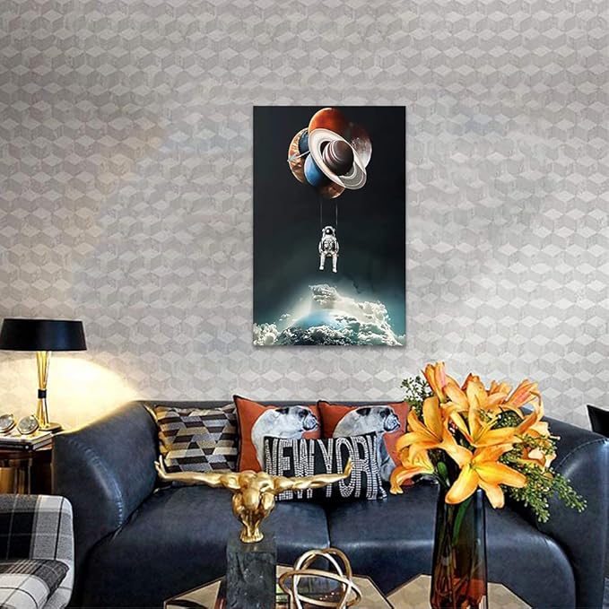 Universe Theme Canvas Wall Print Art Astronaut Holding Planetary Balloon Canvas Wall Framed Artwork Modern Home Decor Giclee Art Space Canvas Prints and Painting Ready to Hang - 44x28 inch
