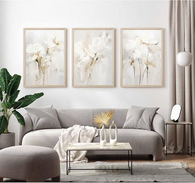 Neutral Wall Art Abstract Floral Canvas Pictures Beige Flower Wall Decor Modern Painting Minimalist Poster Abstract Botanical Prints White Artwork for Bedroom Living Room 16x24x3 Inch Wood Framed