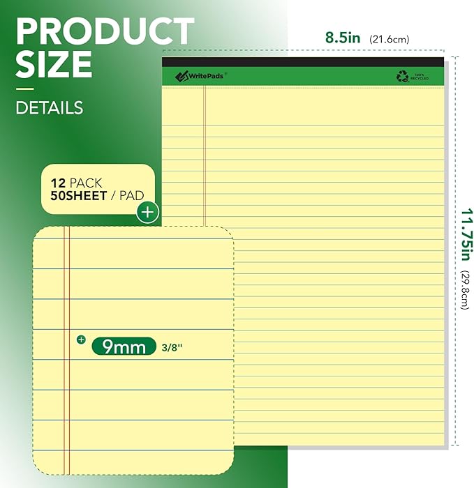 KAISA Legal Note pads 8.5 x 11，12pads 600 Sheets note pads office supplies Recycled Paper 8.5 x 11 Wide Ruled 50 sheets Premium Thick Paper Hard Back Notepads 8-1/2"x 11-3/4" Writing Tablet Canary For Office Supplies (Pack of 12)