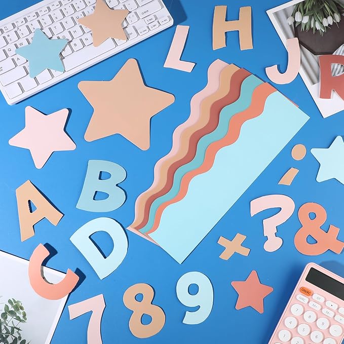 Containlol 188 Pcs Bulletin Board Borders Letters Stars Cutouts Set Include 59ft Poster Board Trims, Alphabet Letter Star Number Punctuation for Classroom(Retro Groovy Boho Color)