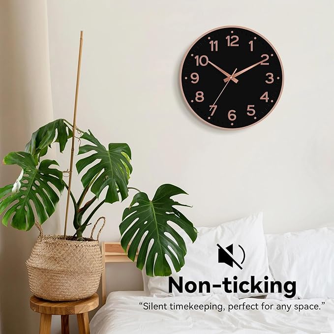 Wall Clock 12 Inch Silent Wall Clocks Battery Operated-Modern Non Ticking Analog Clock Decorative for Kitchen Bedroom Office (Black Rose Gold)