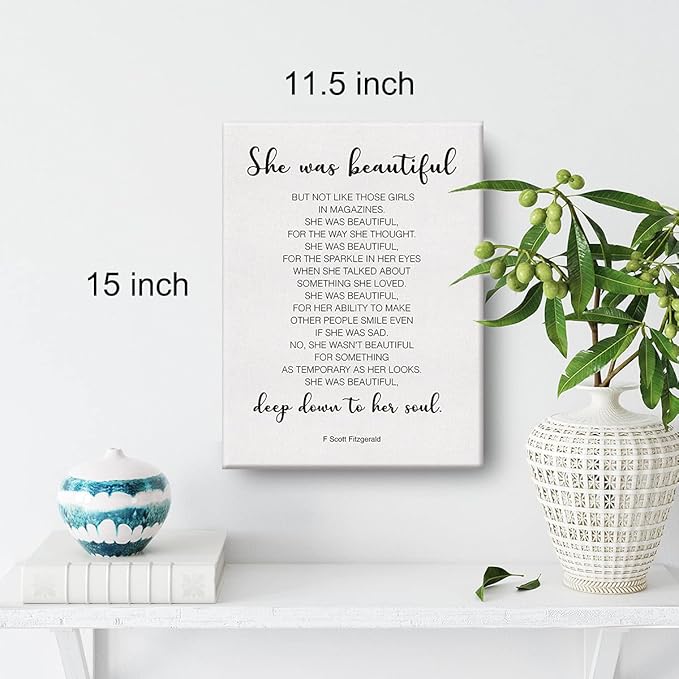 Inspirational Wall Decor She Was Beautiful F. Scott Fitzgerald Quote Canvas Painting Prints for Home Dining Room Living Room Wall Decor Framed Artwork Gifts(12x15 Inch)