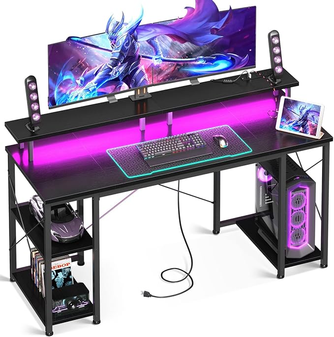ODK 55 inch Gaming Desk with LED Lights & Power Outlets, Computer Desk with Monitor Stand & Storage Shelves, CPU Stand, Home Office Desk, Black