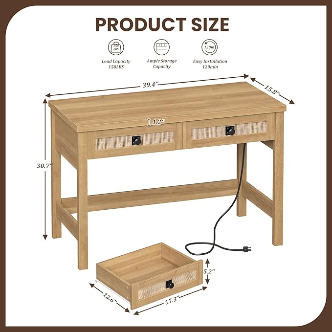 Rattan Computer Desk with 2 Drawers, 39 Inch Small Desk with Power Outlets, Farmhouse Boho Vanity Desks, Compact Writing Study Table for Small Spaces, Oak