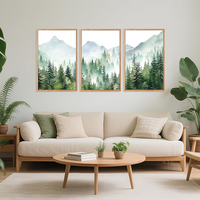 CHDITB Mountain Landscape Framed Canvas Wall Art(24"x36"), 3 Panels Boho Nature Forest Artwork Prints, Large Abstract Modern Green Pine Trees Art Decor for Bedroom Living Room Office