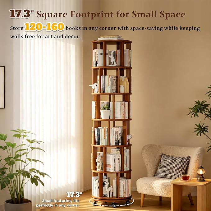 Rotating Bookshelf Towers Solid Wood Revolving Bookcase 6 Tier Tall Spinning Book Rack on Wheels Vertical Corner Book Organizer for Small Apartments, Bedrooms, Living Rooms, Reading Nooks, Hallways