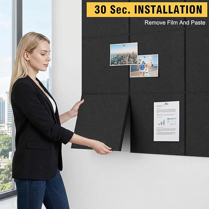 TSJOFFICE Large Cork Board for Wall - Bulletin Board 48" x 36" with 50 Pushpins for Office Decor, Pin Board 12 Pack Felt Wall Tiles with Safe Removable Adhesive Tabs, Corkboard for Home Office - Black