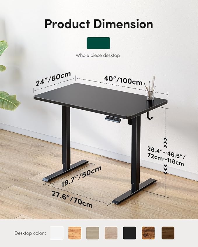 CubiCubi 40 x 24 Small One-Piece Standing Desk, Adjustable Height Electric Computer Sit Stand up Home Office Workstation, with 4 Memory Presets, Headphone Hook, Black