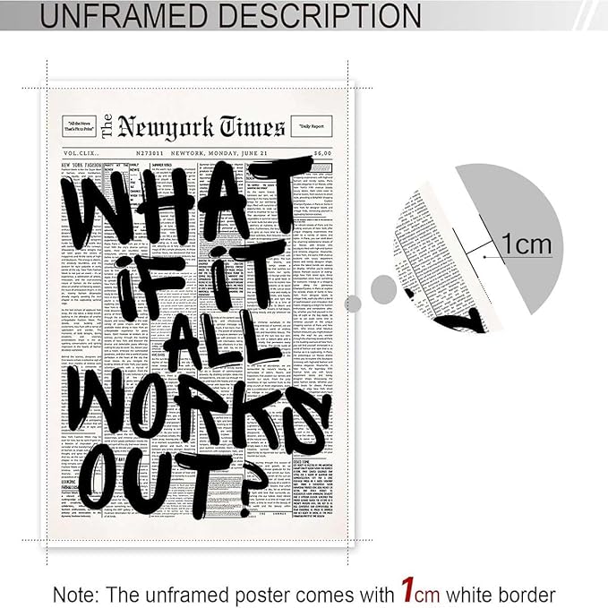 Retro Black And White Newspaper Poster What If It All Works Out Canvas Wall Art Positive Affirming Quote Minimalist Prints Painting For Home Bedroom Dorm Wall Decor 24x36in Unframed