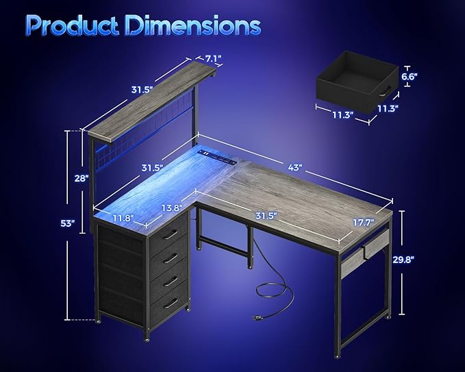 MOTPK 43” L Shaped Gaming Desk for Small Rooms, Compact Corner Computer Table with Shelf & Hutch, 4 Drawers, Reversible Study Table with LED Light, Power Outlets & USB Ports, Home Office, Grey Oak
