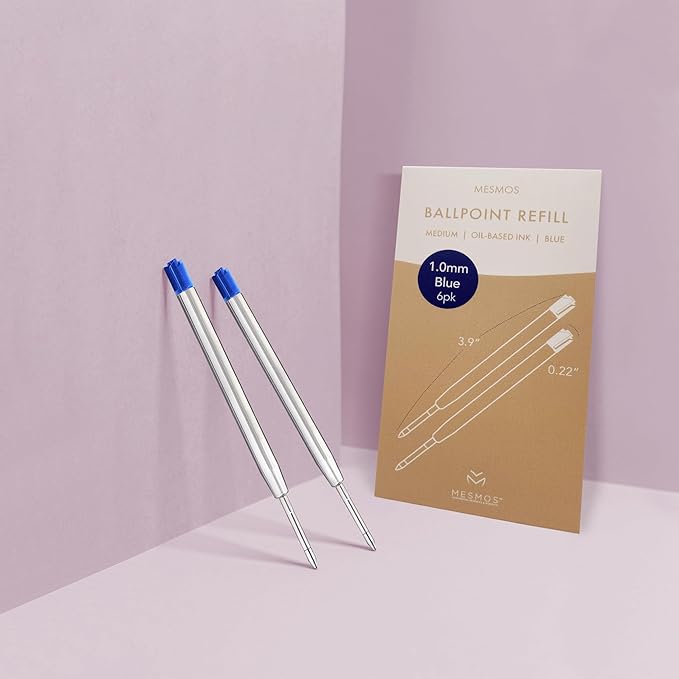 MESMOS 6 Pack 3.9 inch (9.8cm) Pen Refills Ballpoint Blue Ink, Compatible with Ballpoint Parker Pen, Replacement Ink Refills, 1.0mm Smooth Writing Medium Tip, Cartridge (Blue)