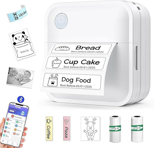 Label Maker Machine with Tape - Mini Sticker Printer Bluetooth Label Printer for Home Office Organization, Portable Thermal Sticker Maker Print Pod with Multiple Templates for Phone(White)