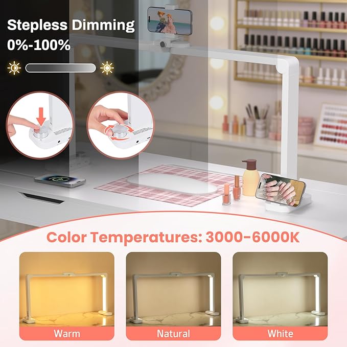 Half Moon Light for Nail Desk with Phone Holder, Large Square Nail Lamp for Desk, Professional Manicurist Desktop Lamp, LED Light Suitable for Manicures, Tattoos, and Sewing, White