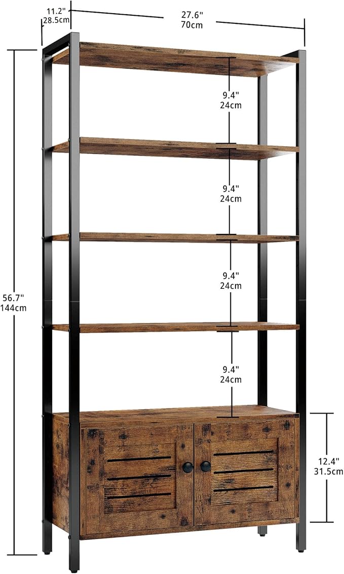 IRONCK Bookshelf and Bookcase with Two Louvered Doors and Four Shelves, 27.6" Wide Standing Storage Cabinet for Living Room, Home Office, Bedroom, Washroom, Vintage Brown