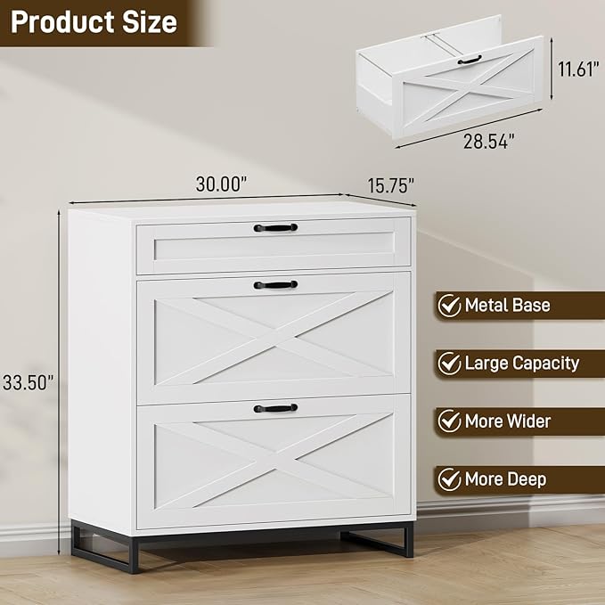 Vabches Lateral File Cabinet, Modern Farmhouse File Cabinet with 3 Drawers for Legal/Letter/A4 Size Hanging Files, Printer Stand Large Wood Home Office, Office White