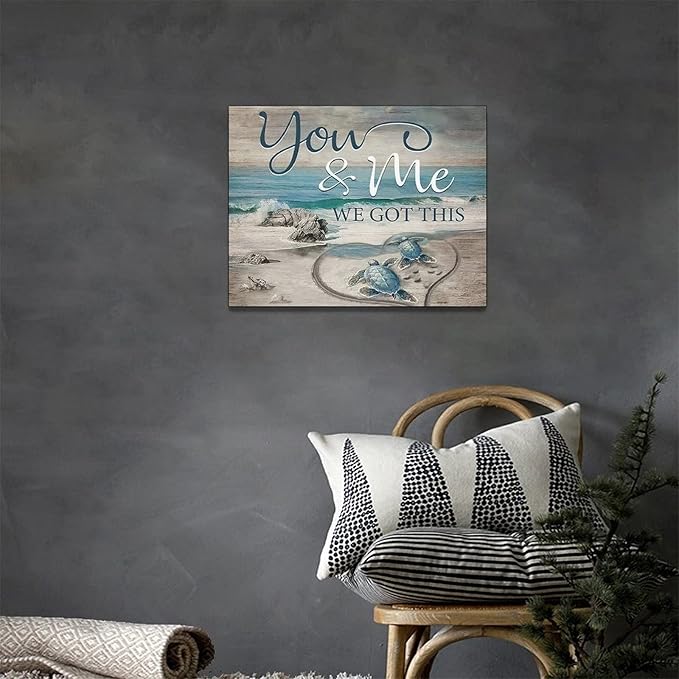 yerretin Beach Sea Turtle Bathroom Wall Art Ocean Turtle Pictures Wall Decor Coastal Nautical Seascape Canvas Painting Love Artwork Home Decoration for Bedroom Office Framed 16"x12"