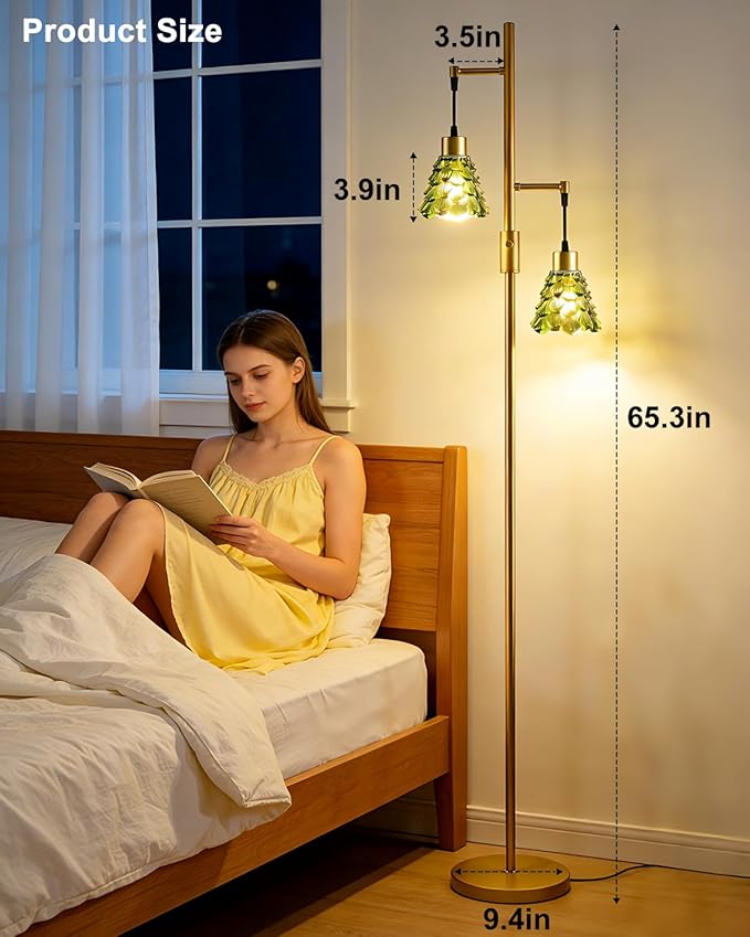 Lightdot 65IN Glass Floor Lamp for Living Room, 2- Light Gold Floor Lamps with Green Glass Shade& 3000K Warm White Bulbs, Modern Standing Tall Lamp for Bedroom/Corner Beside/Home Decor