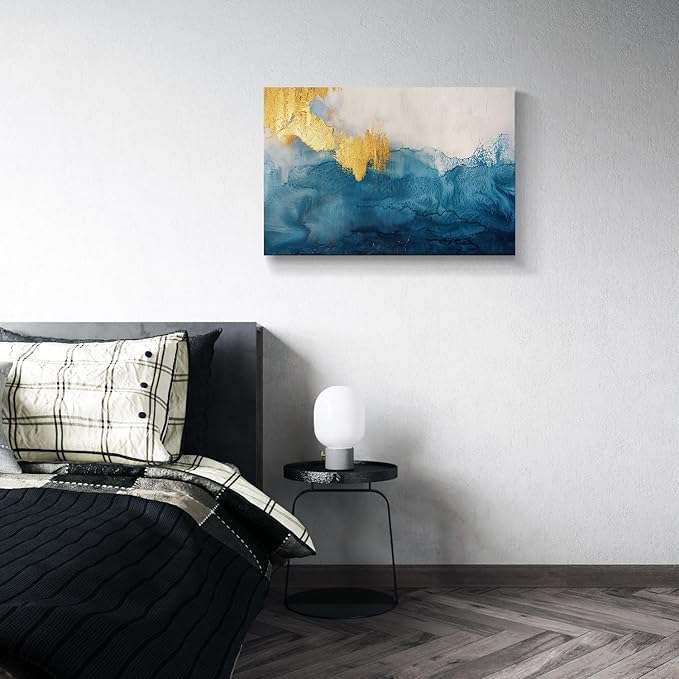 gaosoul Modern Canvas Wall Art Blue Gold Leaf Abstract Painting Prints Minimalism White and Light Blue Tranquility Poster for Living Room Bedroom Office Decor Framed 30x20in