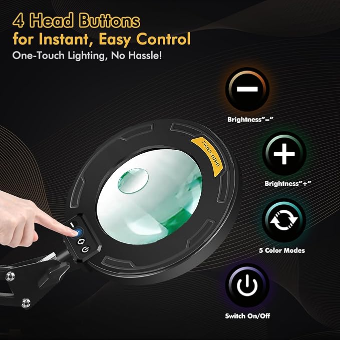 Magnifying Glass with Light and Stand 12X 20X Desktop Magnifier Desk Lamp Close Work Up for Table Crafting, Reading, Sewing, Soldering, Easy Use 5 Color Modes Head Controller, 2 in 1 Stable Base Clamp