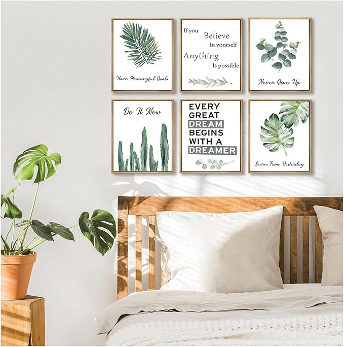 6pcsOffice Inspirational Botanical Canvas Wall Art Eucalyptus Leaves Sage Motivational Quotes Painting Picture Wall Decor Never Give Up Poster Print Artwork For Classroom Bedroom Home Decoration