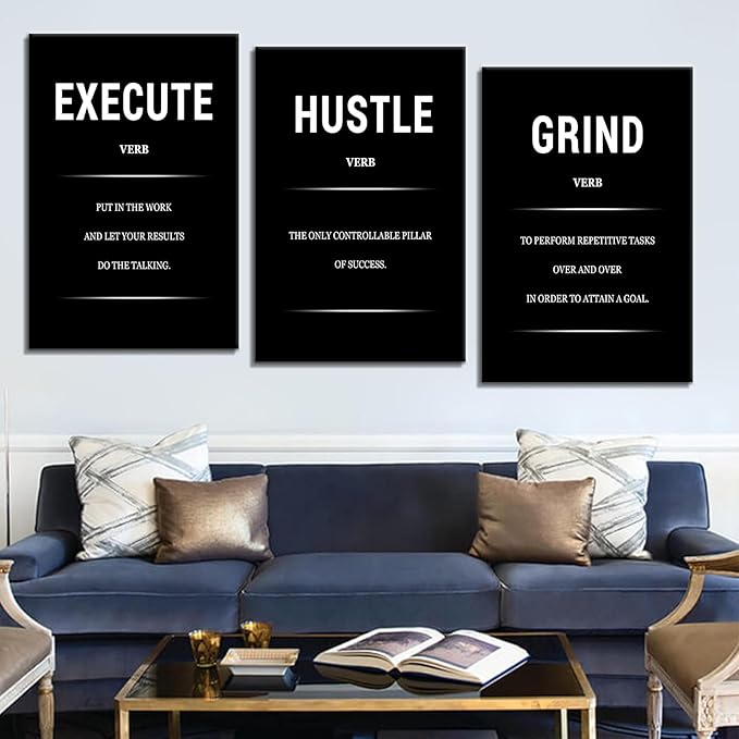 3 Piece Hustle Grind Execute Motivational Canvas Wall Art Inspirational Poster Office Wall Decor Picture Print Positive Quotes for Living Room School Artwork Stretched and Framed [72''Wx 36''H]
