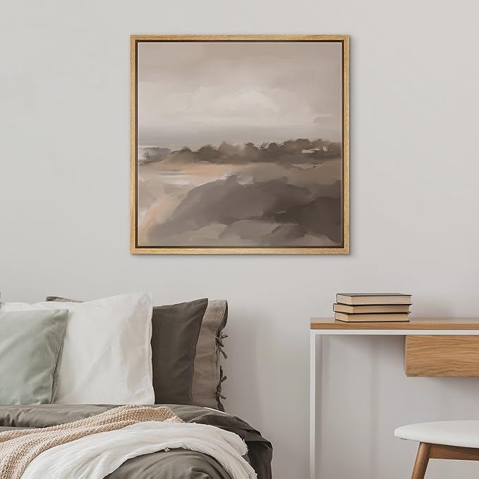 SIGNWIN Framed Canvas Print Wall Art Soft Neutral Coastal Landscape Tranquil Seaside Scene in Warm Beige Tones Illustrations Decorative Relax/Zen for Living Room, Bedroom, Office - 16"x16" Natural
