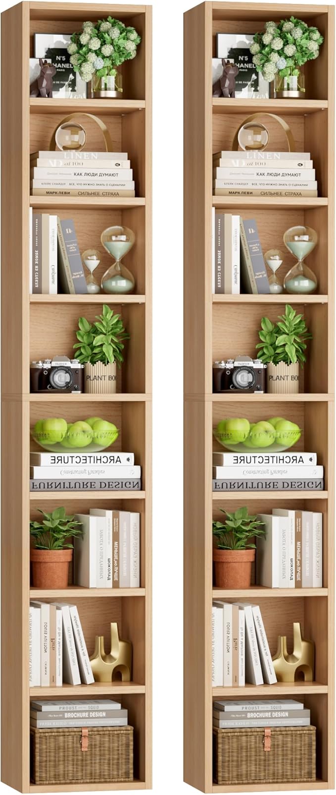 FOTOSOK 2 Pcs 71'' Tall Narrow Bookshelf, 8-Tier Media Tower Rack Set of 2, CD DVD Storage Cabinet with Adjustable Shelves, Tall Narrow Bookcase Skinny Display Bookshelf Slim Shelf, Natural