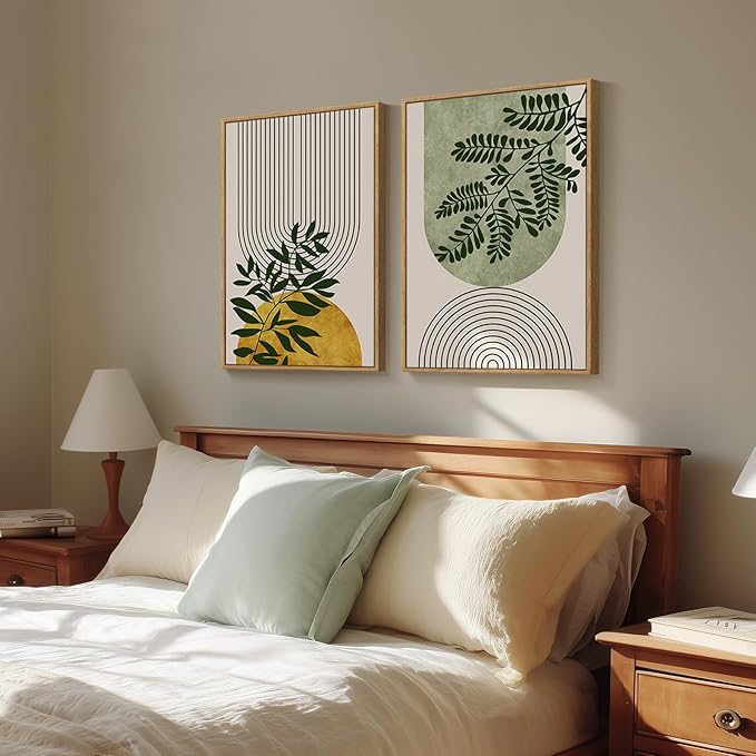 Large Framed Green Boho Wall Art Set of 2 for Living Room, Mid Century Modern Bohemian Botanical Geometric Artwork for Walls, Neutral Canvas Painting Print Wall Decor for Bedroom Home Office, 24x36 In