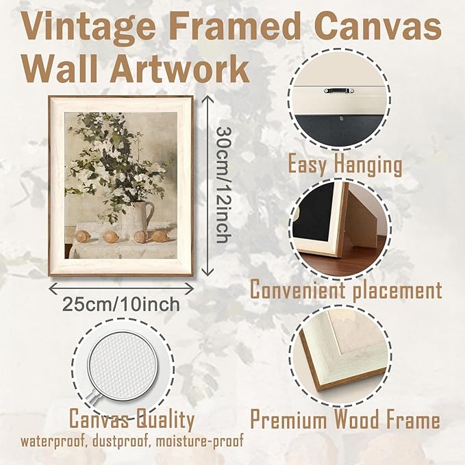 ASTRDECOR Framed Vintage Wall Art, Farmhouse Wall Decor White Flowers Canvas Oil Painting, Vintage Kitchen Decor Floral Wall Art Lemon Botanical North Art Prints for Kitchen Bedroom - 10''x 12''