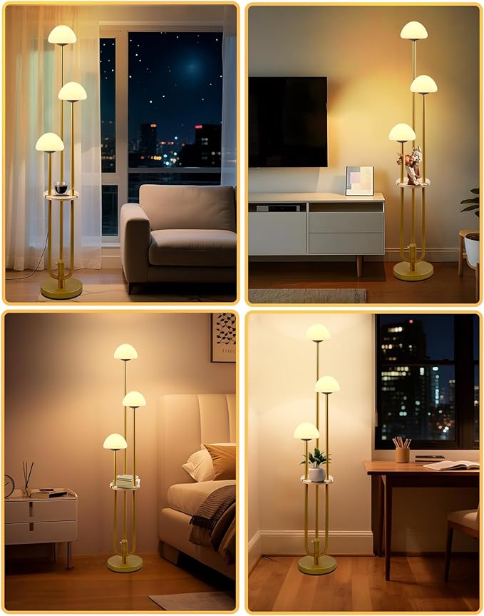Gold Dimmable Floor Lamp with Table, Modern Floor Lamps for Living Room, 3000K Warm White Tall Standing Lamp with Mushroom Shades & Bulbs for Bedroom/Office
