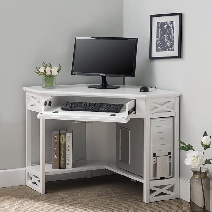 Leick Home Sage Corner Office Desk, Solid Wood, with Drop Front Keyboard Drawer, White, 85430