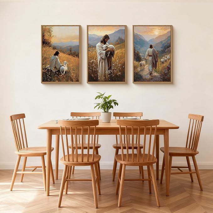 HOURIA Jesus Christ Easter Leaves The 99 Sheep Framed Canvas Wall Art Set,Christian Embraces The Lost Sheep Decor,Religious Bible Verse Resurrection Artwork for Church,Prayer Room,Home- 16"x24"x3