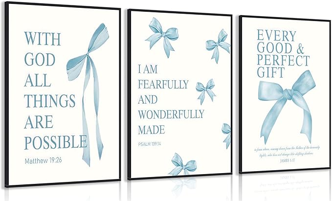 3 Pcs Blue Bow Wall Art Inspirational BiblePreppy Painting Pictures Wall Decor Blue Bow Bible Posters Prints Artwork Aesthetic for Girls Room College Apartment Living Room Bedroom Unframed