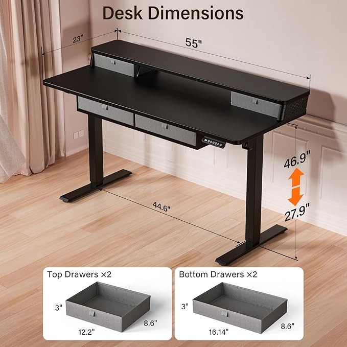 Kingant 55 x 24 Inch Electric Standing Desk with 4 Drawers, Height Adjustable Sit to Stand Computer Desk with Storage Shelf and C-Clamp Mount Compatibility for Home Office, Black