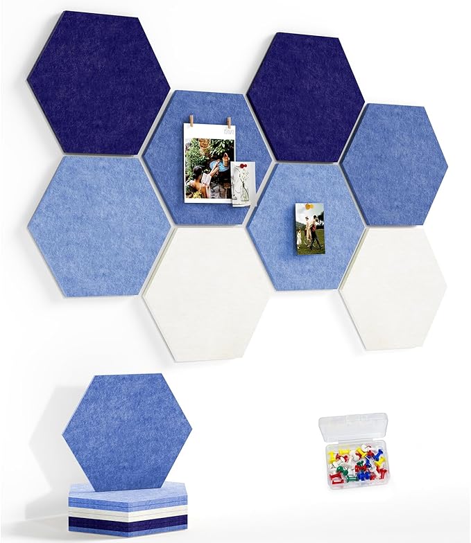 8 Pack Hexagon Felt Bulletin Board Tiles - 11.8" Large Thick Pin Board for Walls with 30 Push Pins, DIY Boards for Office Home School Decor, Aesthetic Hex Cork Board Alternative