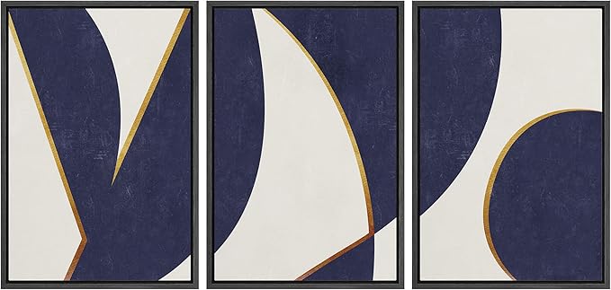 IDEA4WALL Framed Canvas Print Wall Art Set Art Deco Mid-Century Blue Gold Polygons Abstract Shapes Illustrations Modern Art Decorative Contemporary for Living Room, Bedroom, Office - 24"x36"x3 Black