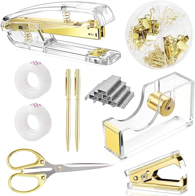 suniya Office Supplies,Desk Accessories,with Stapler,Tape Dispenser,Staple Remover,Scissor,Ballpoint Pen,Clear Tape,Staples,Binder,Best Gift Set(Gold)