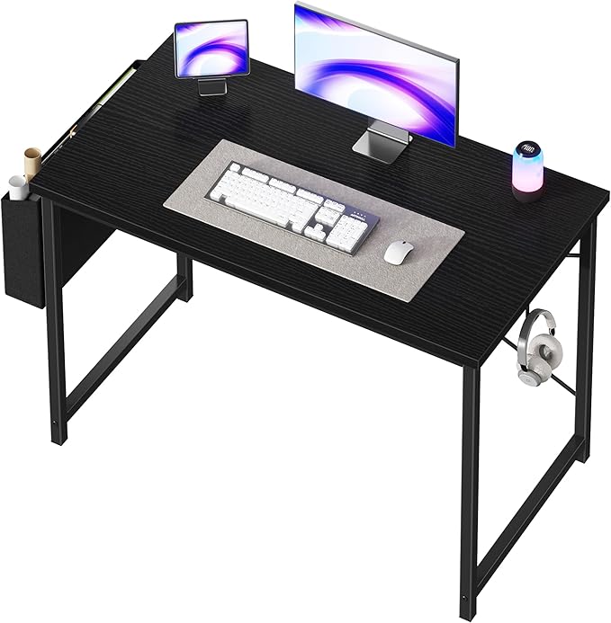 OLIXIS Computer Desk 44 Inch Home Office Desks for Small Spaces, Gaming Writing Study Work Table with Storage Bag and Headphone Hook for Bedroom, Black